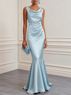 Light Blue Ruched Satin Cowl Neck Sleeveless Mermaid Maxi Dress