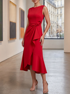 Red Sleeveless Midi Dress Elegant Ruched Waist & Flounce Hem for Weddings and Parties