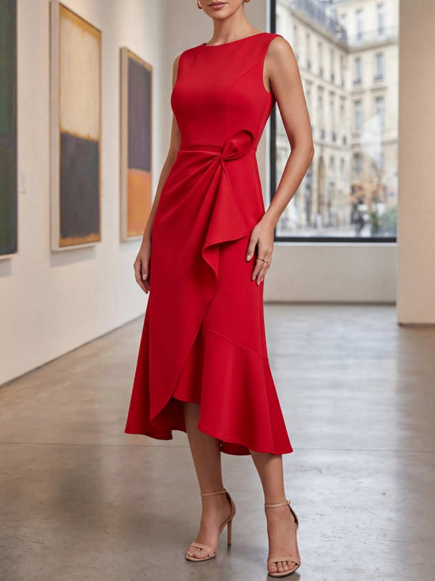 Red Sleeveless Midi Dress Elegant Ruched Waist & Flounce Hem for Weddings and Parties