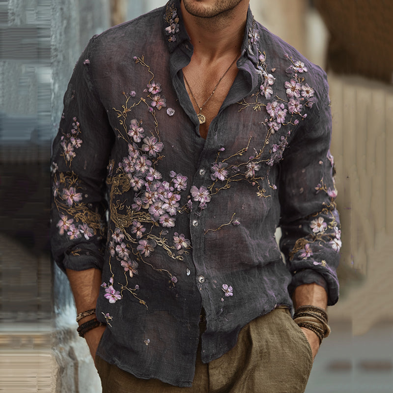 Men's Vintage Japanese Sakura Embroidered Art Lapel Long Sleeve Linen Shirt