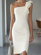 White Satin Dress with Shoulder Flower Detail