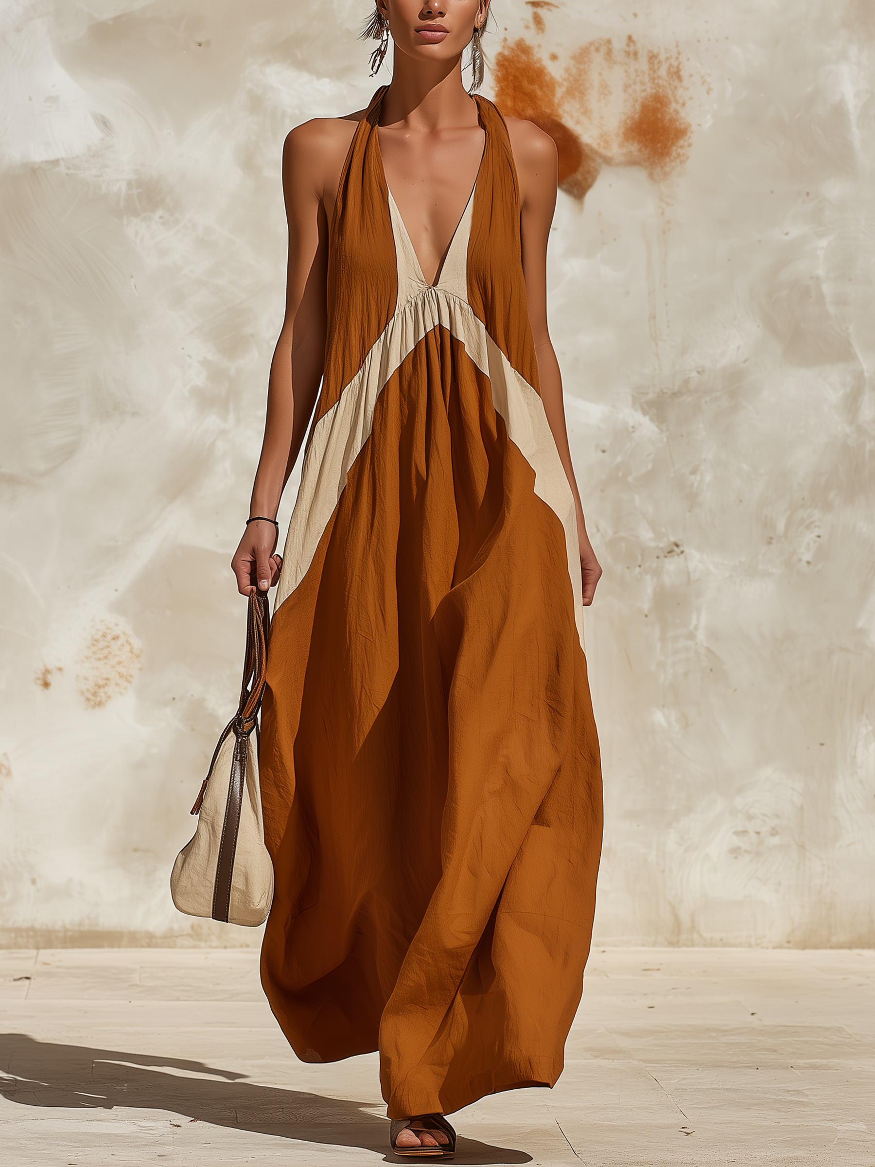 Cotton-Blend Color Block Halter Maxi Dress