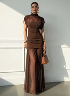 Brown Wool Lyocell Ruched Mesh Knit Mock Neck Sleeveless A-Line Maxi Dress