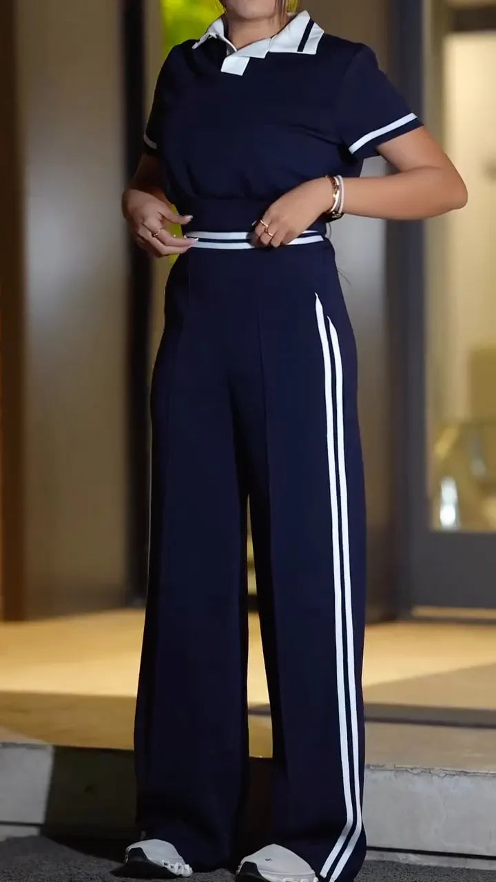 Contrast Collar Ribbed Polo Wide Leg Pant Set