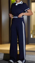 Contrast Collar Ribbed Polo Wide Leg Pant Set