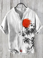 Japanese Bamboo Forest And Red Sun Art Linen Casual Shirt