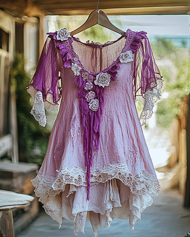 Summer Vacation Ruffle Lace Patchwork Top cd2c