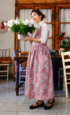 Pink floral square-neck apron with pockets