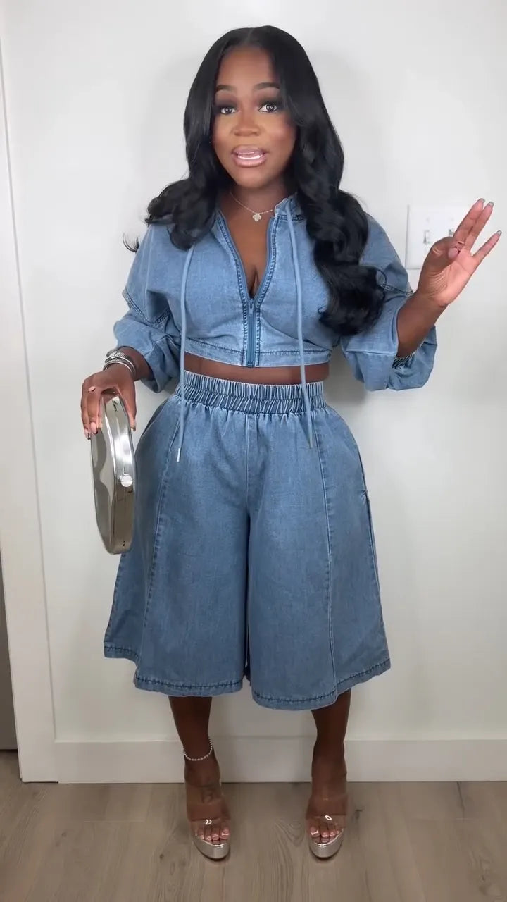 Denim Hooded Crop Top & Wide Leg Bermuda Shorts Two Piece Set