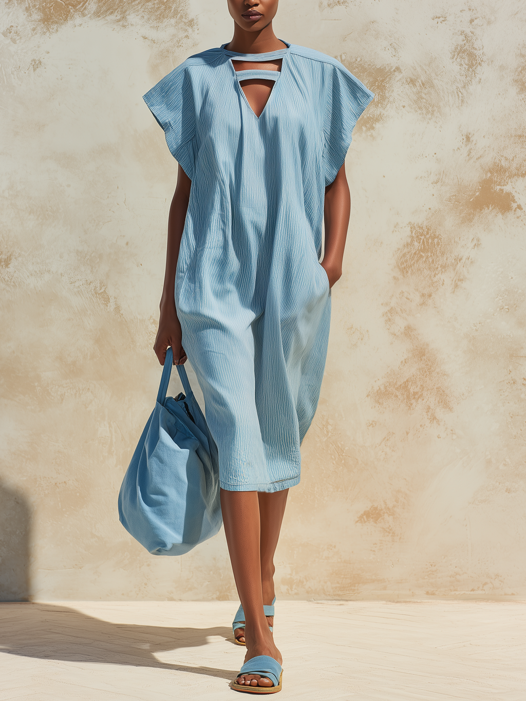 Light Blue Denim Cutout Neckline Loose Midi Dress