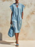 Light Blue Denim Cutout Neckline Loose Midi Dress