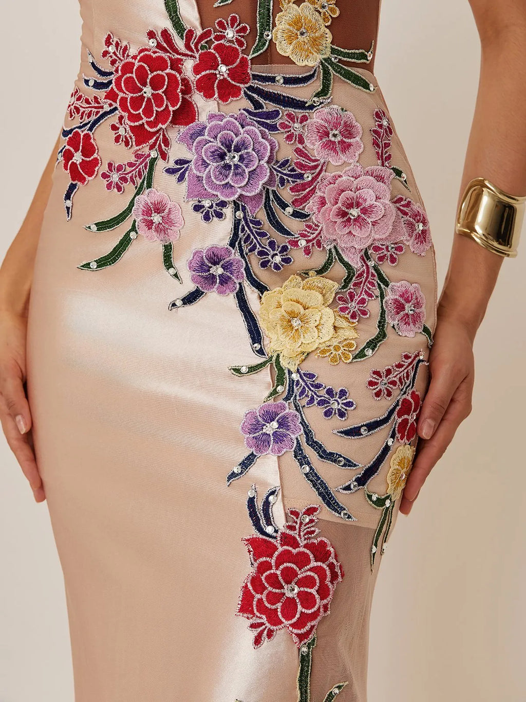 Champagne Satin Applique Embroidery Hotfix Embellished Prom One Shoulder Sleeveless Mermaid Dress