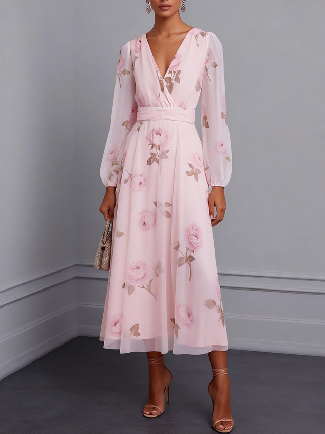 Pink Floral Tulle V Neck Long Sleeve Balloon Sleeve A-Line Midi Dress