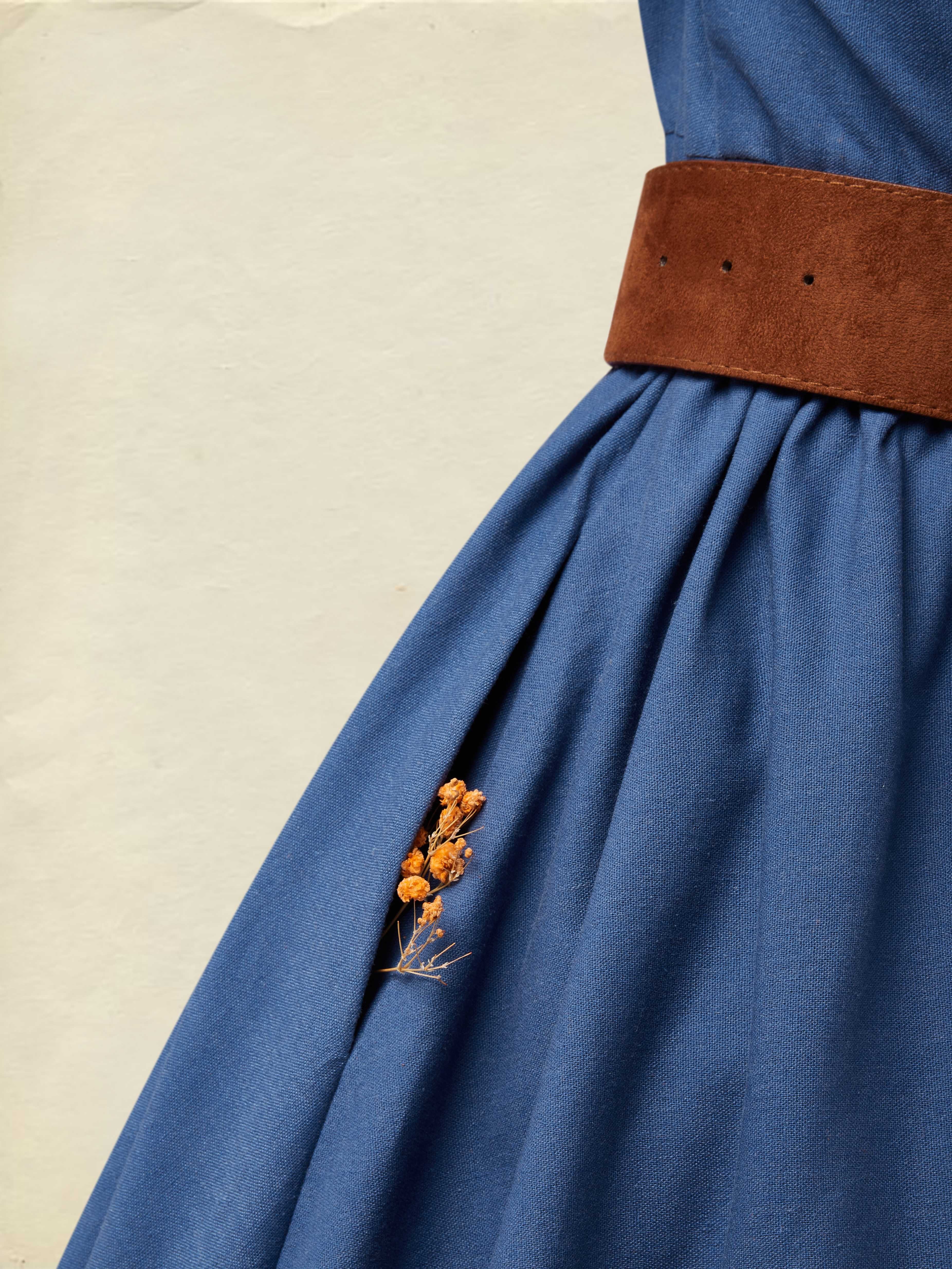 Midi Linen Dress, Half Sleeves, Shawl Collar, Plain, Button Design, Vintage, Dark_blue