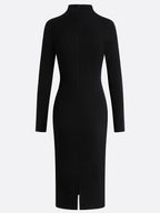 Black Rhinestone Cut Out Knit Mock Neck Long Sleeve Sheath Midi Dress