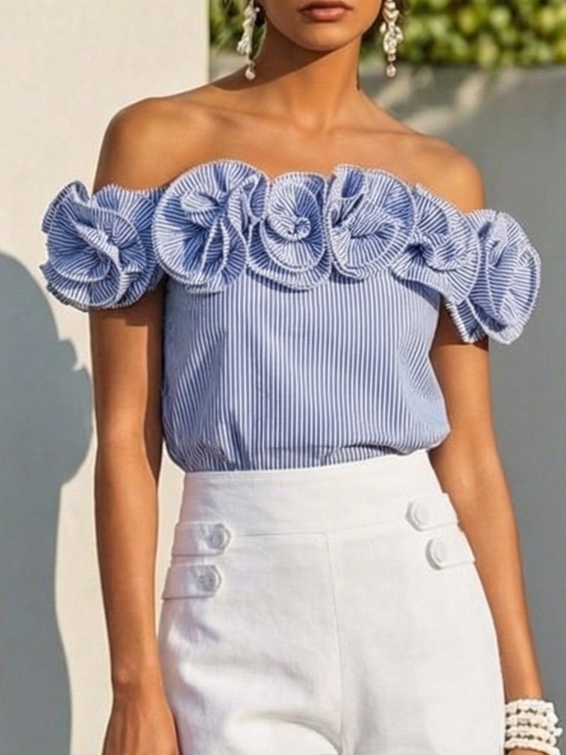 Linen Blouse, Sleeveless, Off The Shoulder, Striped, 3D Floral, French Vintage, Blue