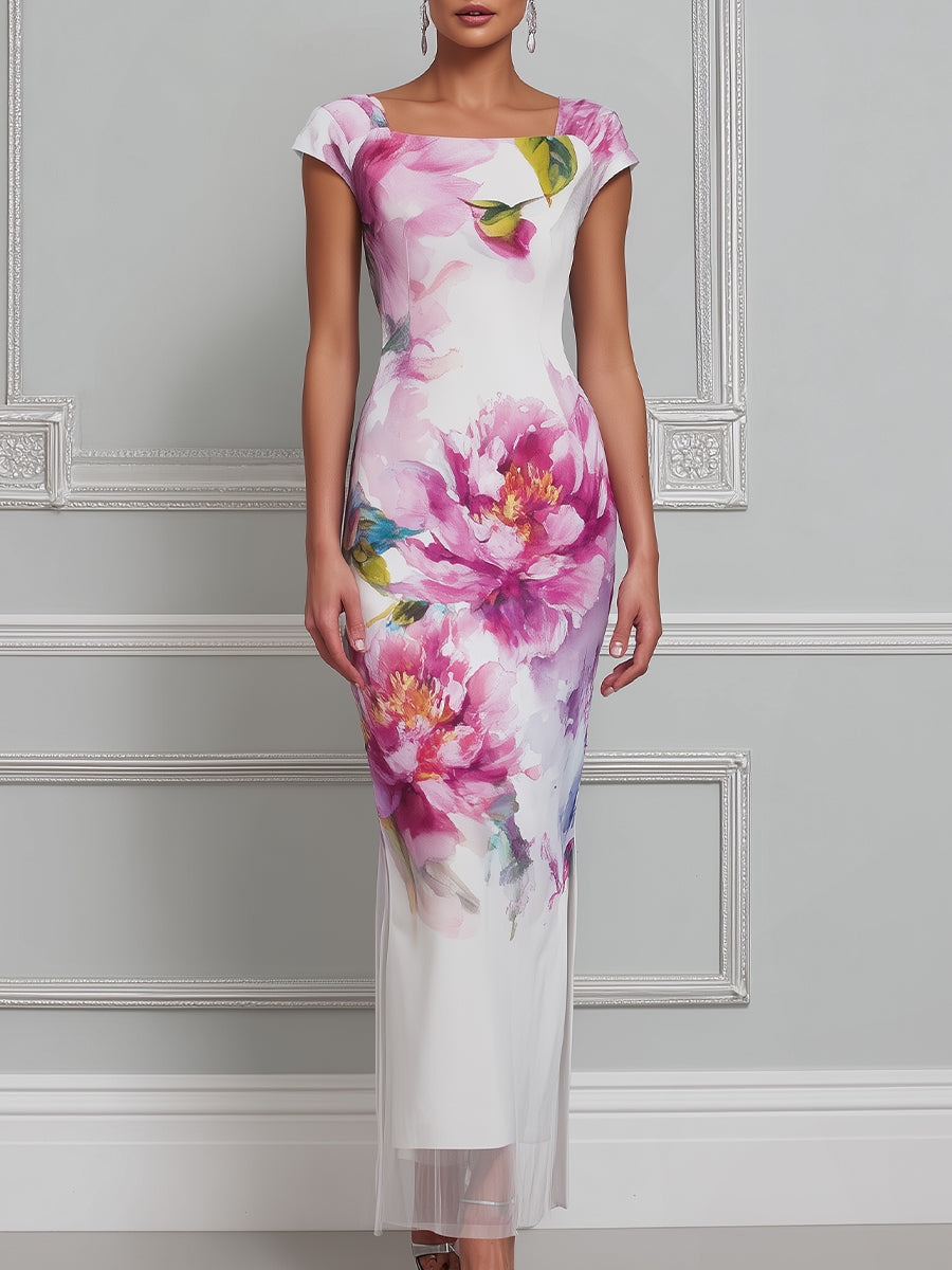 Elegant Floral Sheer Hem Maxi Dress