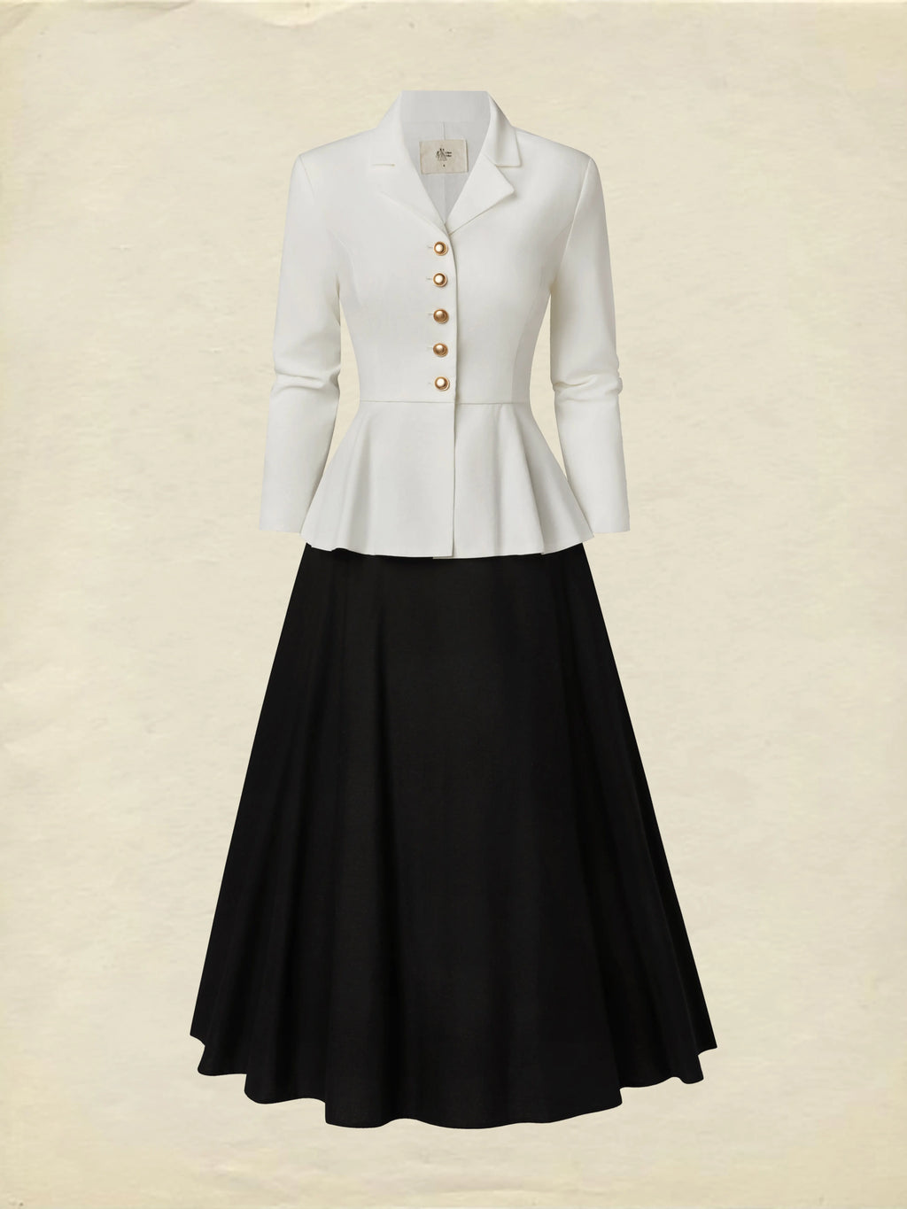 Midi Linen Skirt Set, Long Sleeves, Lapel Collar, Plain, Button Design, Vintage, White
