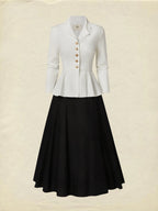 Midi Linen Skirt Set, Long Sleeves, Lapel Collar, Plain, Button Design, Vintage, White