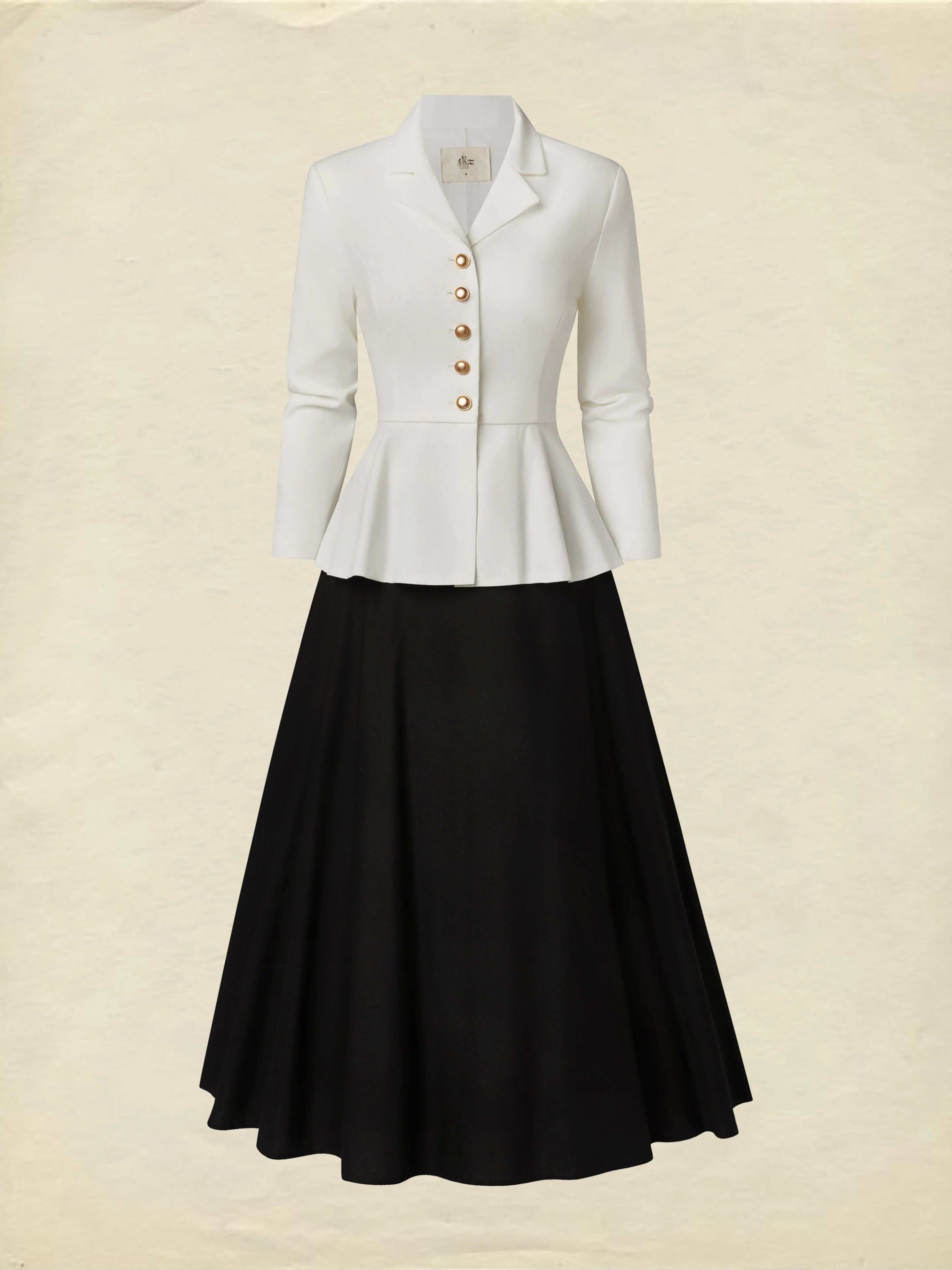 Midi Linen Skirt Set, Long Sleeves, Lapel Collar, Plain, Button Design, Vintage, White