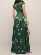 Green Slit Floral Satin Crew Neck Cap Sleeve A-Line Maxi Dress