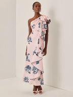 Pink Floral Ruffled Satin One Shoulder Sleeveless Sheath Maxi Dress