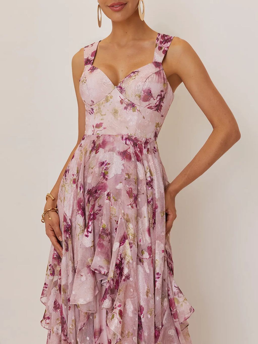Pink Floral Jacquard Chiffon Sweetheart Neckline Sleeveless A-Line Floor-length Gown Dress
