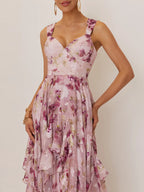 Pink Floral Jacquard Chiffon Sweetheart Neckline Sleeveless A-Line Floor-length Gown Dress