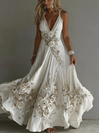Women's Vintage Flowers Embroidery Art V-neck Suspender Maxi Dress