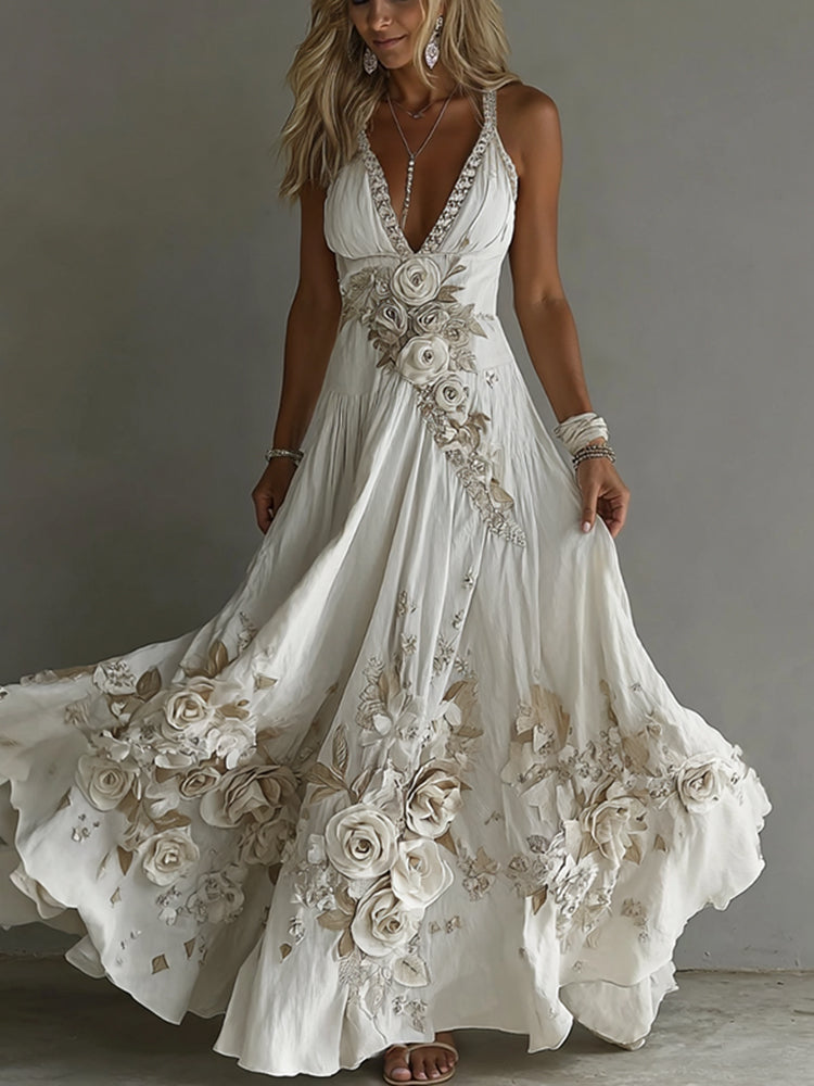 Women's Vintage Flowers Embroidery Art V-neck Suspender Maxi Dress