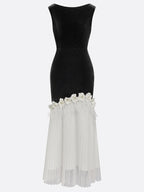 Black Tassel 3D Floral Velvet Boat Neck Sleeveless Mermaid Midi Dress