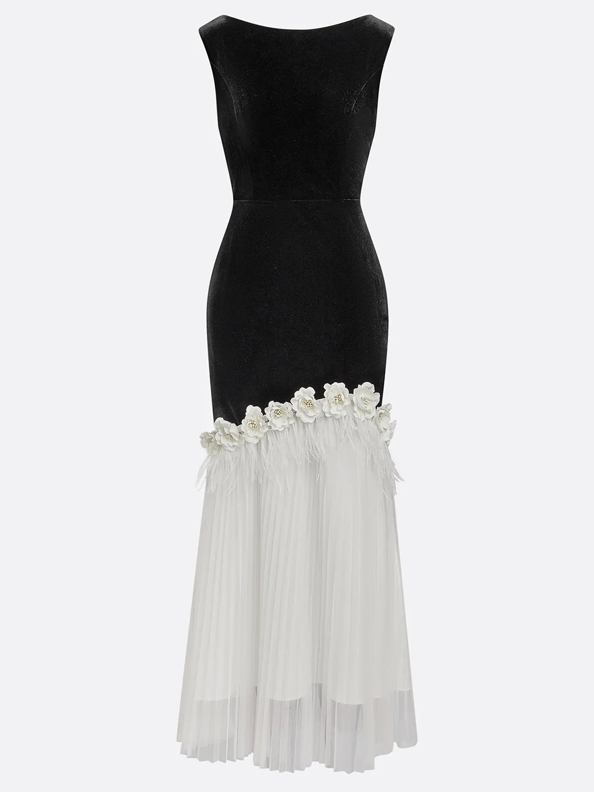 Black Tassel 3D Floral Velvet Boat Neck Sleeveless Mermaid Midi Dress