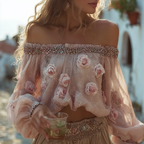 Vintage Pink Rose Design Summer One-word Shoulder Top
