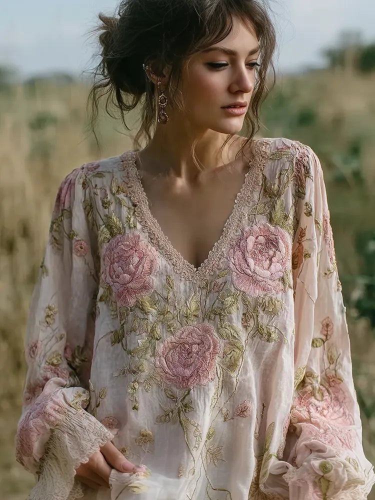 Bohemian Style Pink Floral Design V-neck Long-sleeve Top