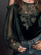 Romantic Embroidered Emerald Green Velvet Blouse
