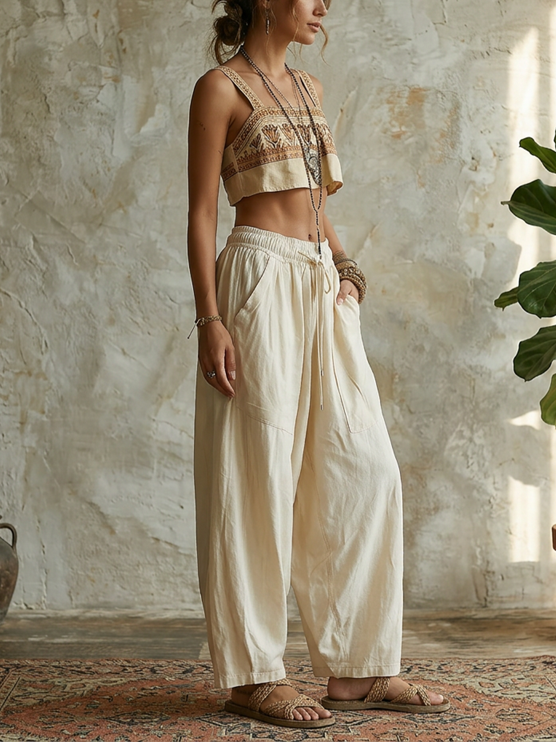 Beige High Waist Drawstring Wide Leg Baggy Pants