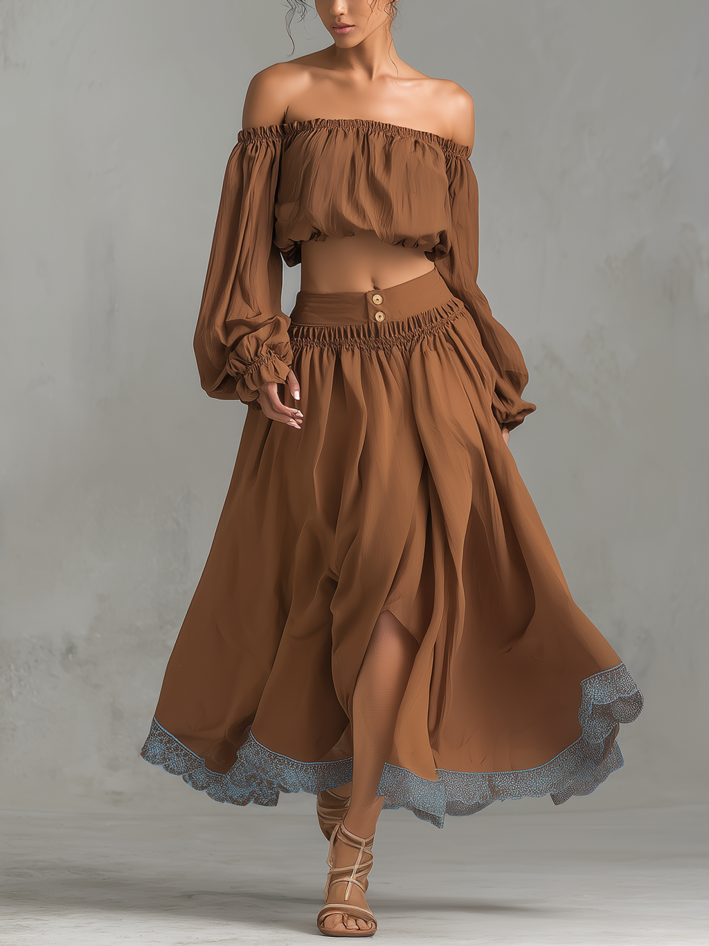 Brown Off Shoulder Two-Piece Set With Lace Trim And Front Slit