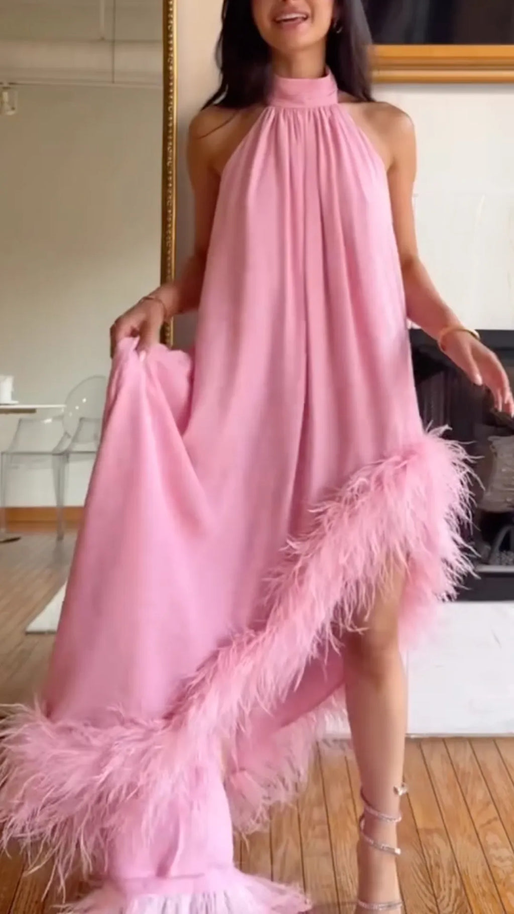 Pink Halter Feather Slit Maxi Gown