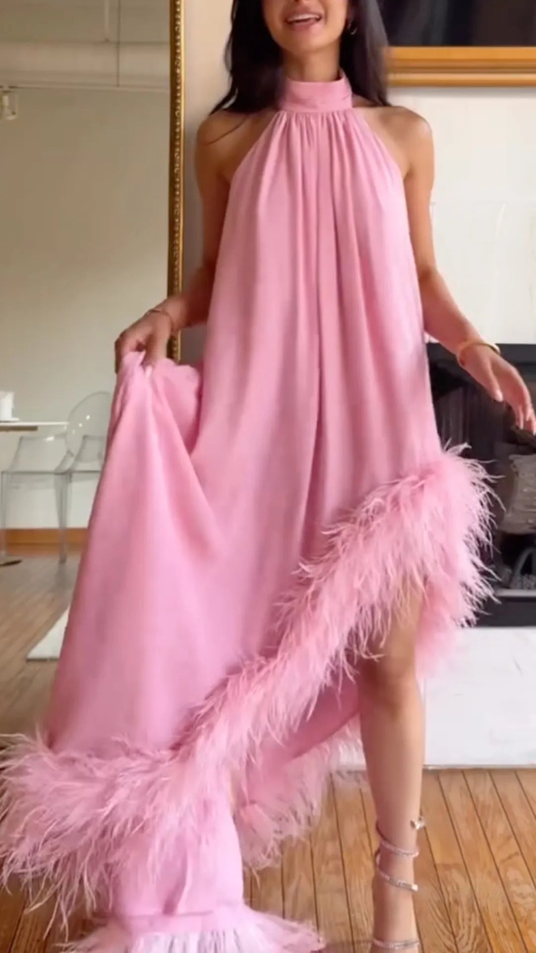 Pink Halter Feather Slit Maxi Gown