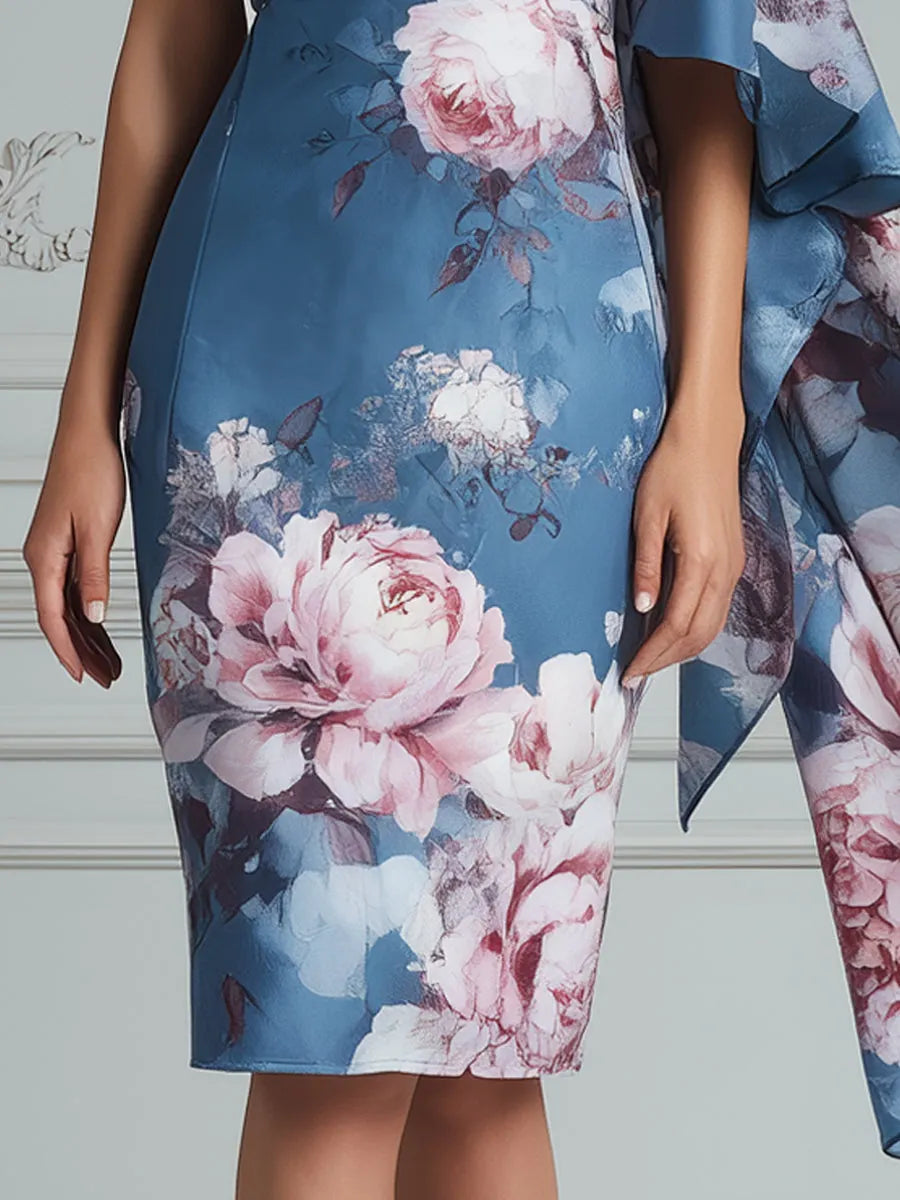 Blue Floral Print Off-Shoulder Satin Midi Dress