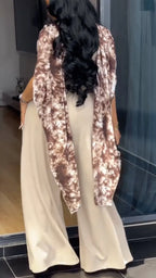 Abstract Print Draped Cape Top & Solid Wide Leg Pants Two Piece Set