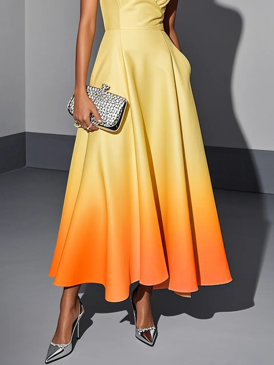 Yellow Orange Ombre Classic V Neck Sleeveless A-Line Midi Dress