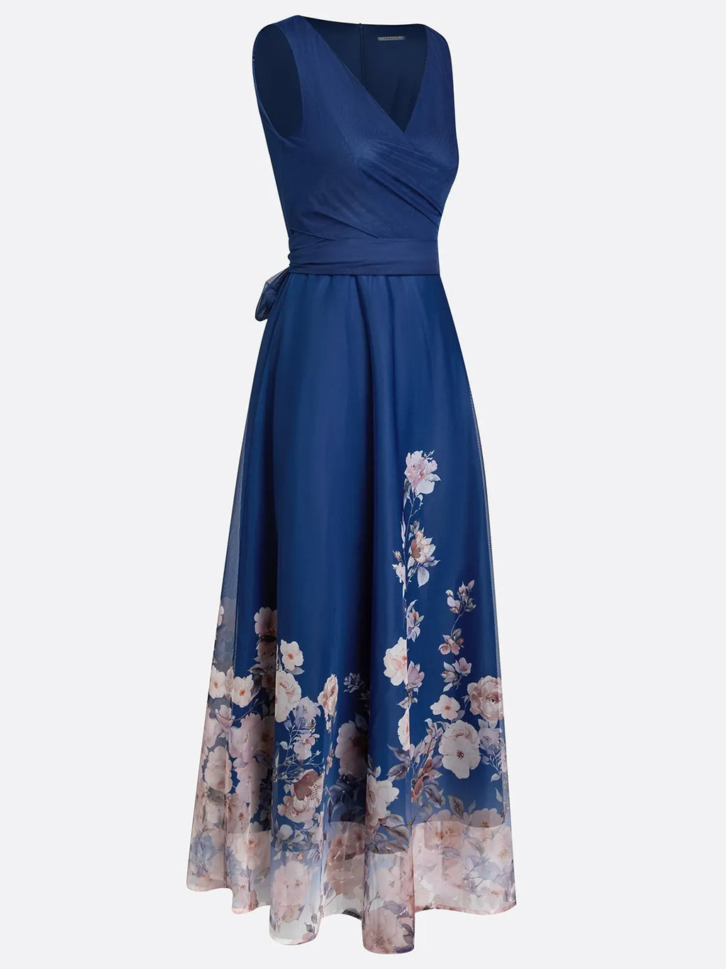 Navy Blue Floral Mesh V Neck Sleeveless A-Line Maxi Dress