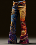 Women's star and moon embroidered tie-dye gradient flared pants 54da