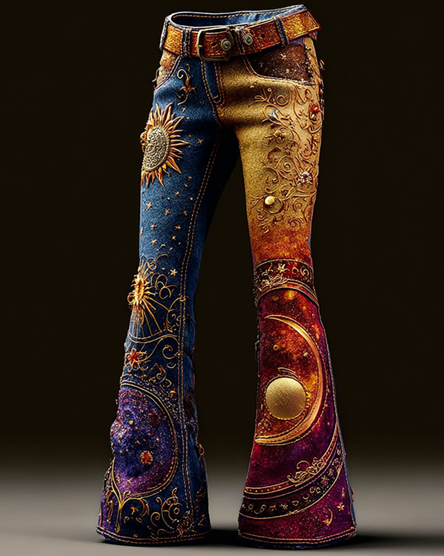 Women's star and moon embroidered tie-dye gradient flared pants 54da