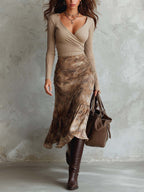 Ribbed Knit Top With Printed Chiffon Midi Dress