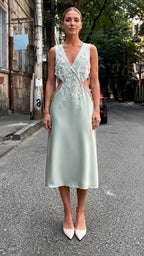 Beaded Applique Satin V‑Neck Midi Dress