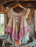 Summer romantic rainbow color ruffle lace patchwork top fd23