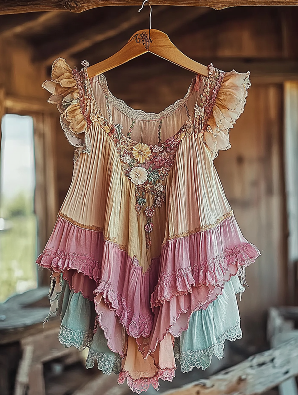 Summer romantic rainbow color ruffle lace patchwork top fd23