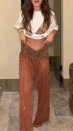 Rhinestone Butterfly Tee & Mesh Pants Two Piece Set